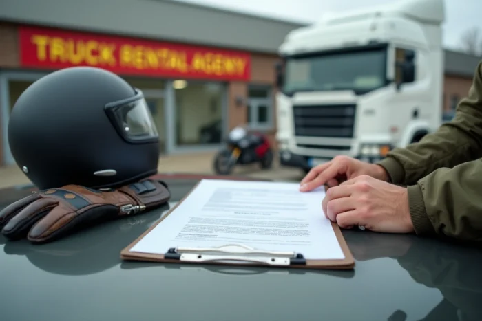 Homme signant un contrat de location de camion pour transporter une moto dans une agence de location