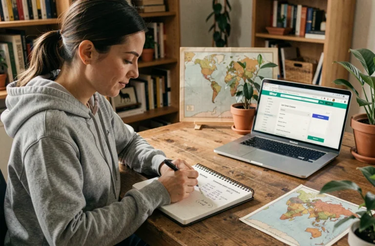 Femme qui convertit des miles en kilomètres dans un carnet de notes avec une carte du monde et un ordinateur portable en arrière-plan