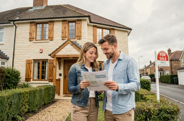 Couple de jeunes acquéreurs devant une maison à vendre tenant un document de simulation de prêt immobilier