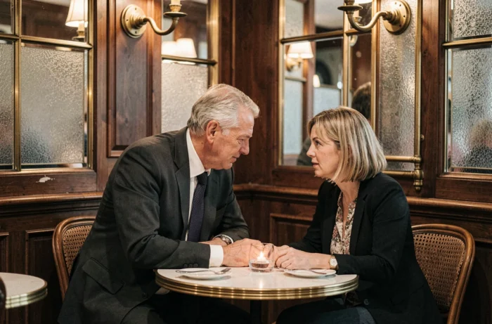 Couple discret dans une brasserie parisienne illustrant la protection de la vie privée d'un conjoint face aux médias