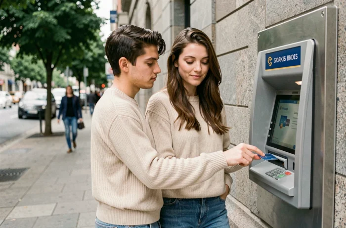 Un jeune couple effectuant un retrait bancaire à un distributeur automatique en milieu urbain