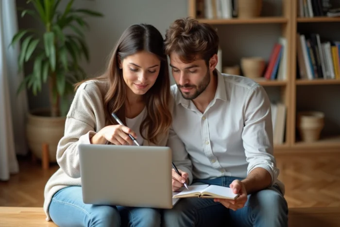 Couple français explorant la plateforme RabbitFinder sur un ordinateur portable dans un appartement à Bordeaux