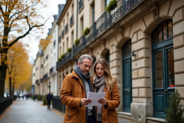 Couple visitant un immeuble en pierre du 19e siècle dans le quartier Thabor à Rennes pour un projet d'investissement locatif