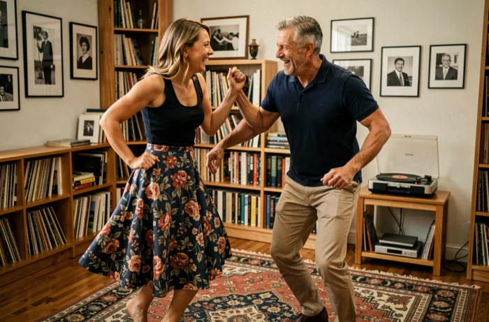 Couple dansant le Madison dans un salon chaleureux avec une platine vinyle et des étagères de disques en arrière-plan