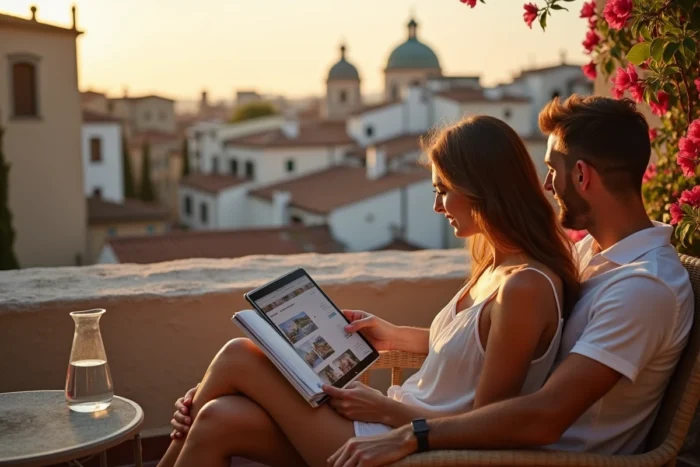 Couple planifiant leur itinéraire de voyage sur une terrasse méditerranéenne avec guide touristique et tablette