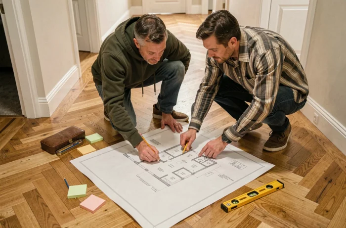 Couple examinant des plans de rénovation sur un parquet en chevrons
