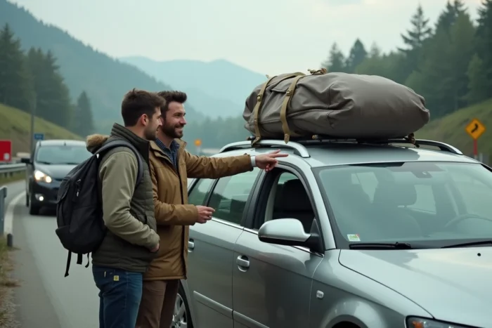 Couple français collant la vignette autoroutière suisse sur le pare-brise de leur voiture lors d'un arrêt à la frontière