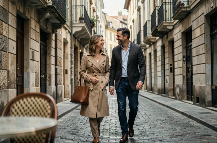 Couple élégant se promenant et riant dans une rue pavée européenne aux façades en pierre