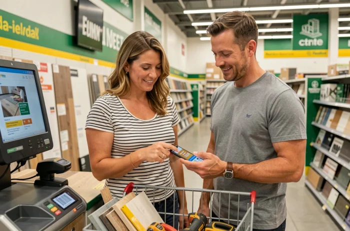 Couple utilisant un QR code de bon de réduction Leroy Merlin à une caisse de magasin