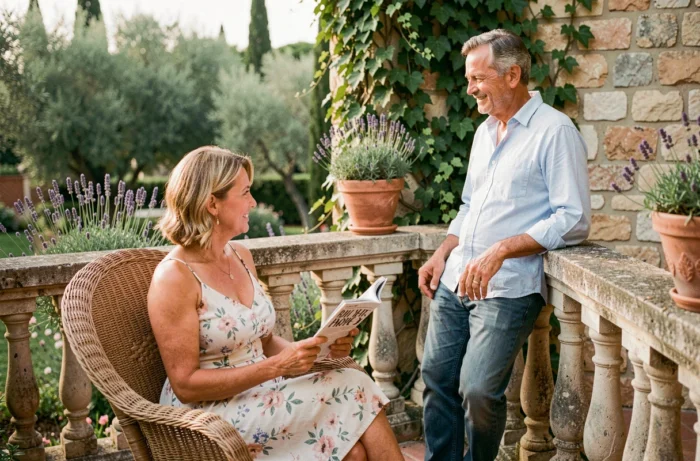 Couple détendu sur une terrasse privée avec jardin luxuriant, partageant un moment de complicité paisible