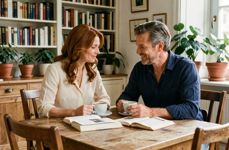 Couple élégant partageant un moment intime autour d'un café dans un appartement parisien décoré avec goût