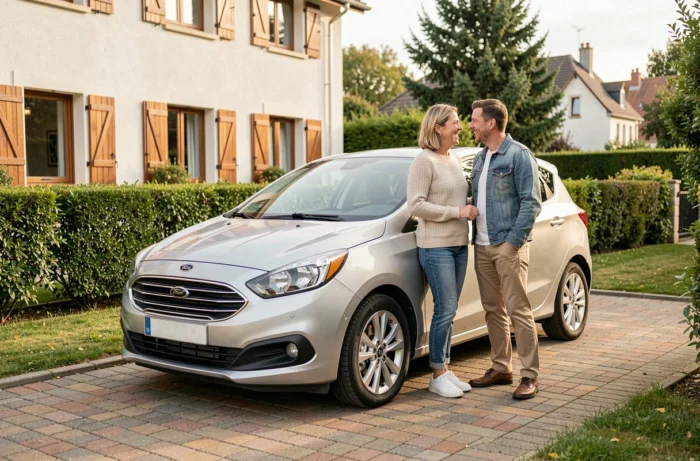 Couple devant leur nouvelle voiture achetée grâce au financement CGOS dans une allée résidentielle française