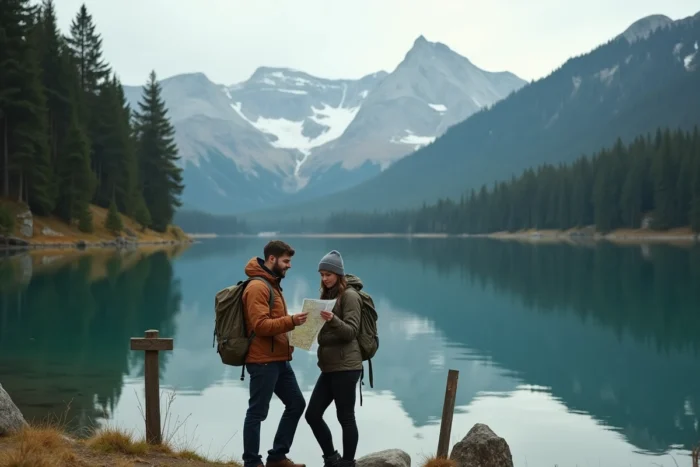 Couple de voyageurs contemplant une carte devant un lac de montagne alpin, destination phare pour un voyage slow travel en 2024
