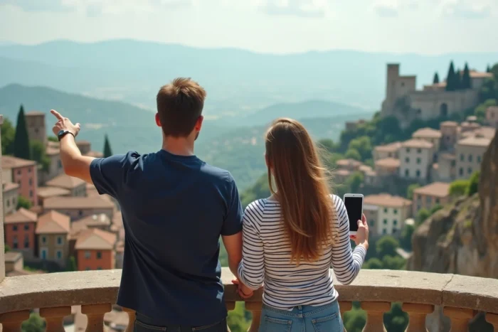 Couple de voyageurs consultant une application de voyage sur une terrasse panoramique en Europe avec vue sur un village pittoresque