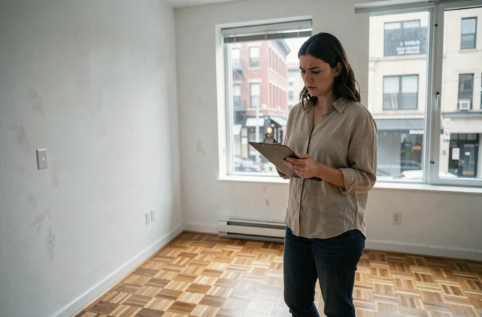 Femme tenant un clipboard dans un appartement vide constatant une coupure d'électricité lors d'un état des lieux