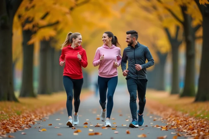 Groupe de trois coureurs adultes en tenue de sport colorée joggeant ensemble sur un sentier de parc aux couleurs d'automne, ambiance conviviale et sportive