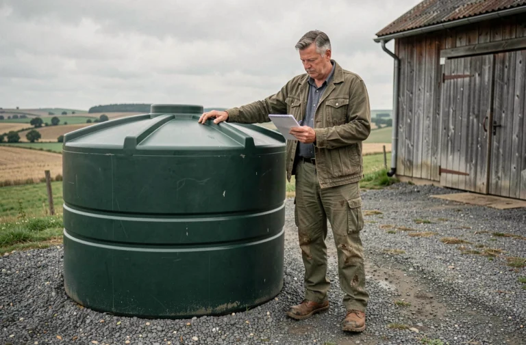 Agriculteur inspectant une grande cuve à eau de pluie verte en polyéthylène installée dans une exploitation agricole rurale