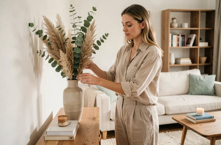 Femme arrangeant des fleurs séchées dans un vase en céramique dans un salon scandinave épuré et chaleureux