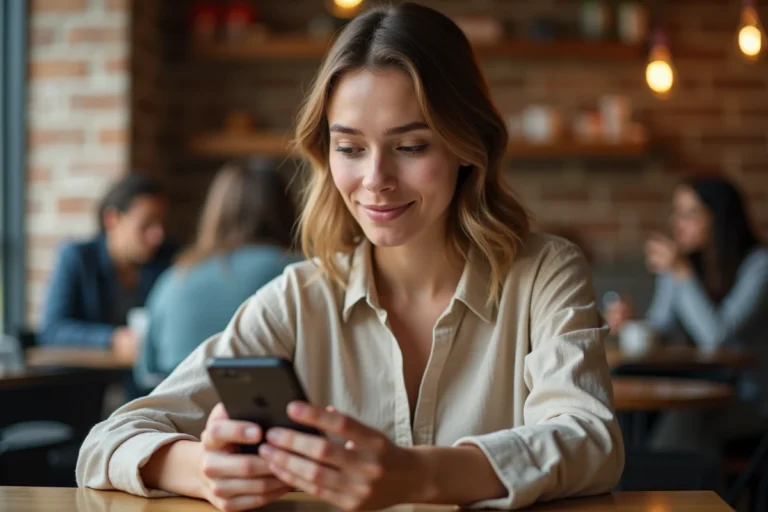 Jeune femme consultant une demande d'abonnement sur Instagram dans un café, illustrant les conseils pour accepter rapidement une demande d'ami sur les réseaux sociaux