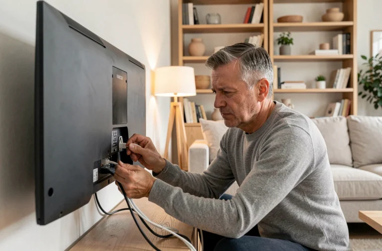 Homme examinant les câbles derrière une télévision pour résoudre une erreur d'écran Orange