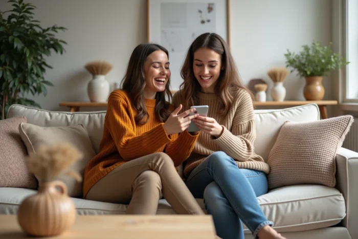 Deux femmes partageant la découverte de surprises et nouveautés sur Owly Mary via un smartphone