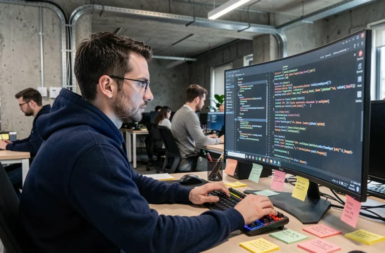 Développeur informatique analysant une documentation d'API SVC sur un écran ultrawide dans un bureau moderne