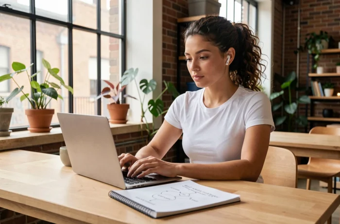 Développeuse web prenant des notes sur le fonctionnement d'une API dans un espace de co-working lumineux