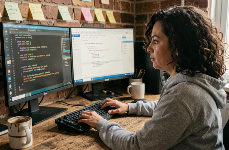 Développeuse étudiant du code source ouvert sur deux écrans dans un bureau à domicile, illustrant l'utilisation quotidienne du logiciel libre