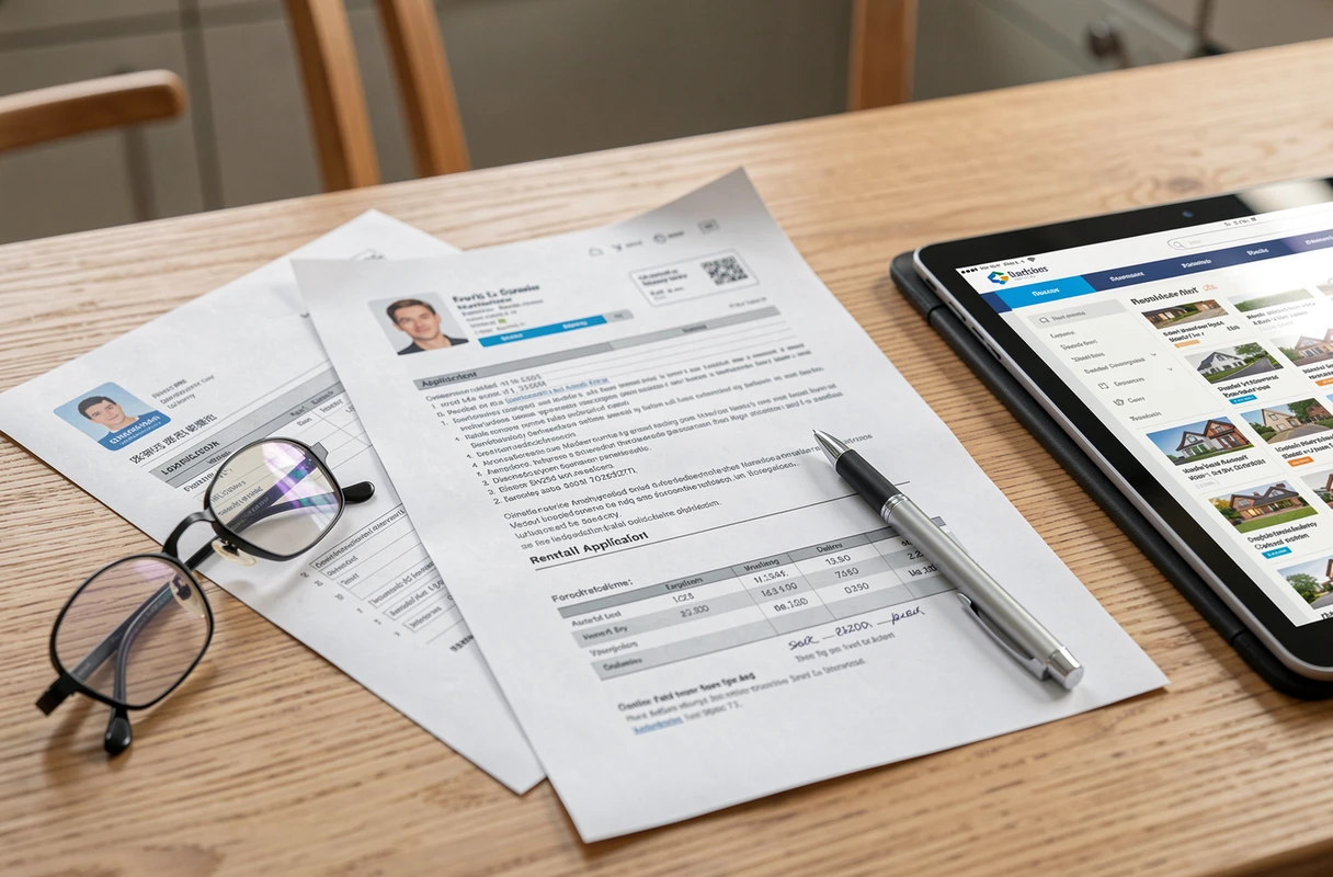 Dossier de location ouvert avec documents administratifs et tablette numérique, symbolisant les vérifications nécessaires avant d'utiliser Zelok