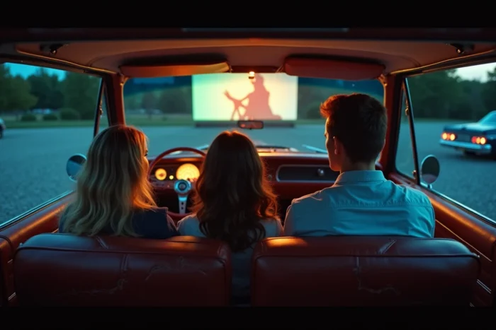 Groupe d'amis regardant un film de série Z dans un drive-in rétro des années 70 avec une ambiance nostalgique