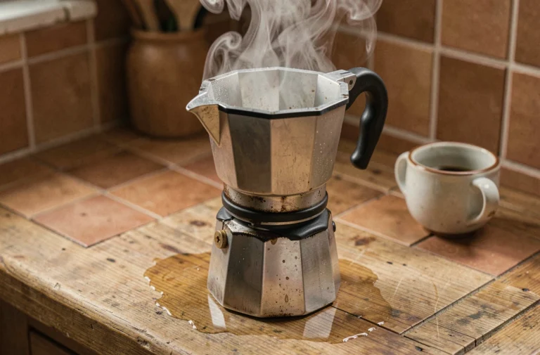 Cafetière italienne moka ouverte avec de l'eau résiduelle visible dans la chambre inférieure après utilisation