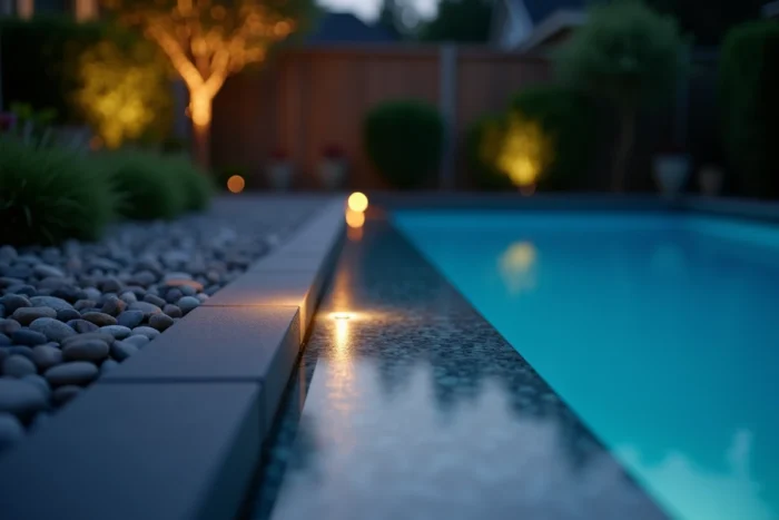 Éclairage LED encastré au pied d'une piscine hors sol, illuminant le pourtour au crépuscule dans un jardin résidentiel