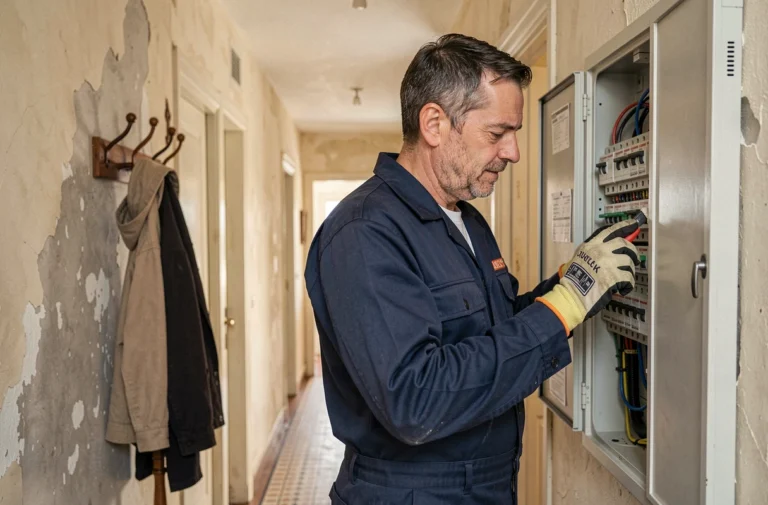 Électricien inspectant un tableau électrique dans le couloir d'un appartement avant un état des lieux