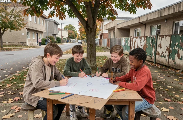 Groupe d'enfants défavorisés collaborant sur un projet artistique en plein air dans un quartier urbain modeste