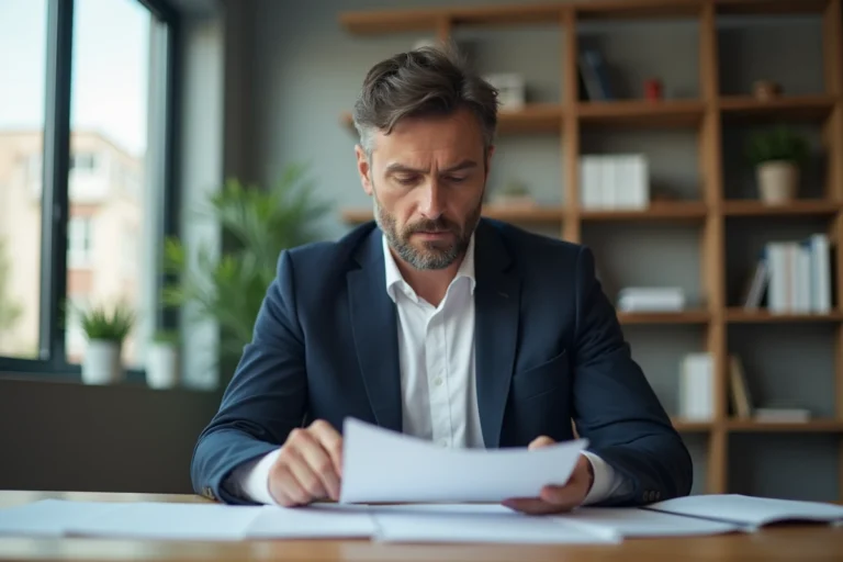 Entrepreneur en blazer marine analysant des documents d'affaires dans un bureau moderne avec vue sur la ville