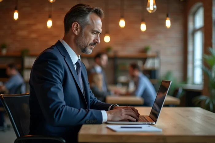 Entrepreneur en costume marine travaillant sur un ordinateur portable dans un espace de coworking tendance
