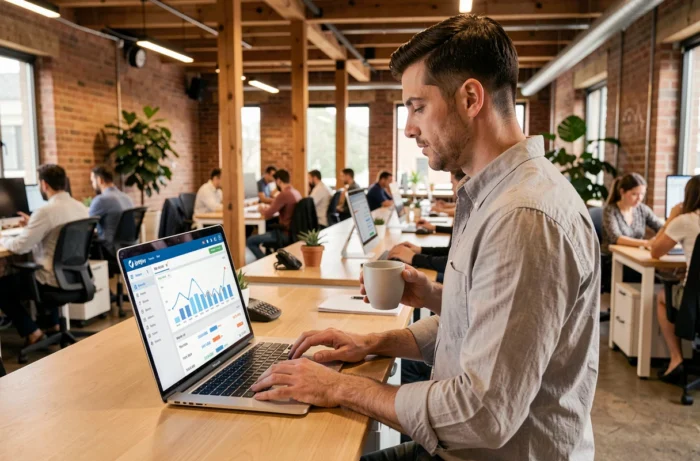 Entrepreneur masculin consultant un tableau de bord bancaire en ligne dans un espace de coworking moderne