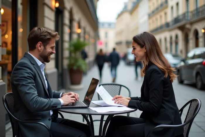 Deux entrepreneurs collaborant autour d'un projet d'affaires en terrasse dans un quartier d'affaires parisien