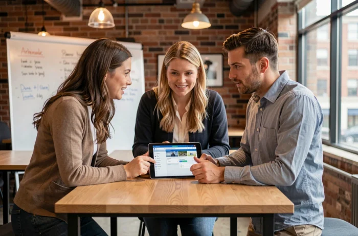 Équipe de professionnels découvrant ensemble les fonctionnalités de la plateforme Adivak sur une tablette