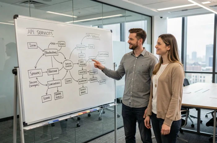 Deux développeurs collaborant devant un tableau blanc illustrant l'architecture d'une API SVC en salle de réunion