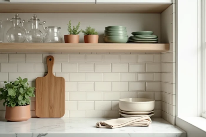 Étagères de cuisine décorées avec des céramiques, herbes en pot et carrelage zellige artisanal