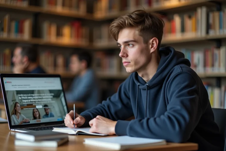 Étudiant consultant une fiche classe 2026 sur ordinateur en bibliothèque universitaire