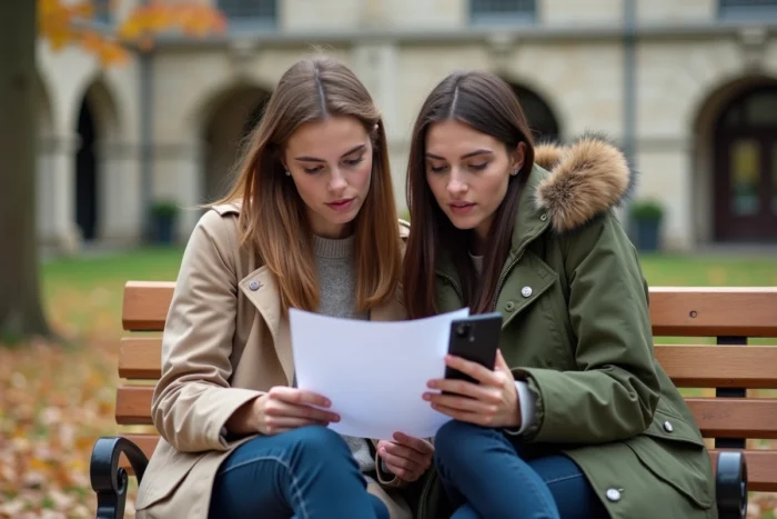Deux étudiantes discutant d'informations sur la fiche classe 2026 en plein air sur un campus
