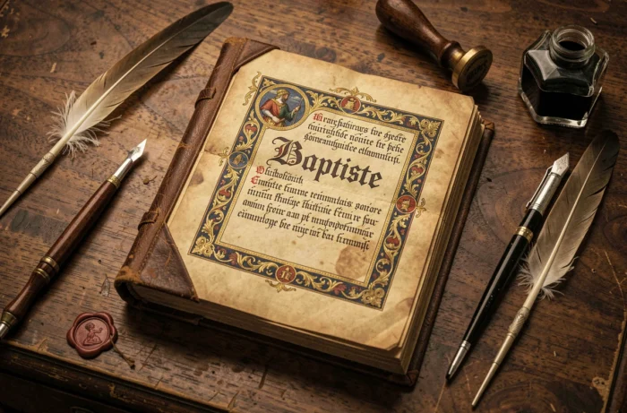 Livre ancien ouvert avec calligraphie du prénom Baptiste en lettres enluminées, évoquant l'étymologie médiévale du prénom