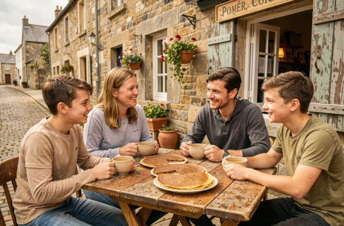 Famille dégustant des galettes bretonnes et du cidre en terrasse devant une crêperie traditionnelle en Bretagne