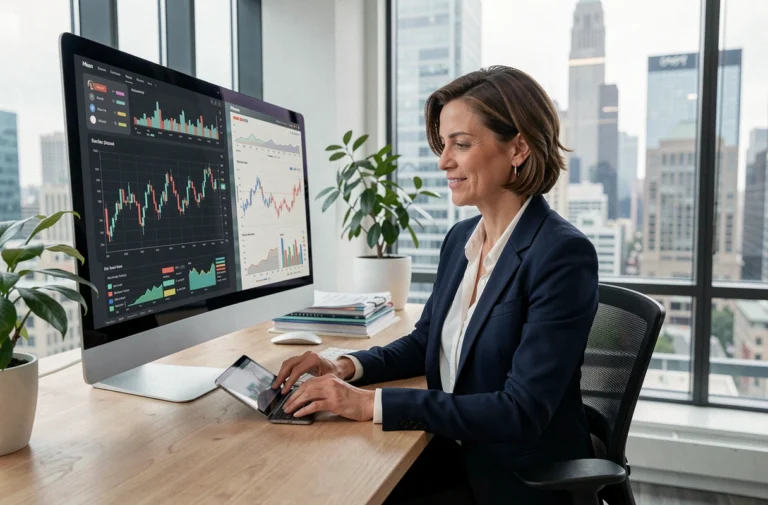 Femme d'affaires gérant sa comptabilité d'entreprise sur une plateforme bancaire en ligne depuis son bureau moderne