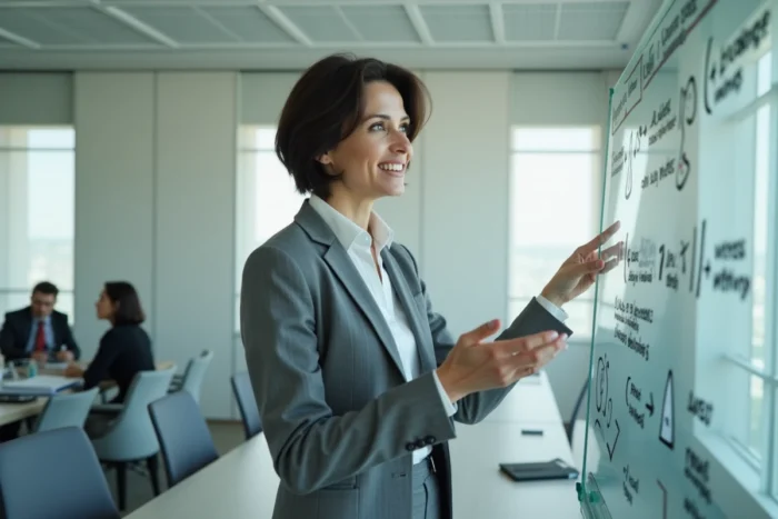 Femme d'affaires présentant une stratégie entrepreneuriale devant un tableau blanc dans une salle de réunion
