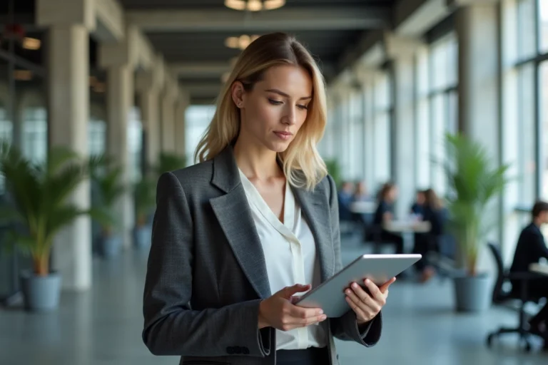 Femme d'affaires en blazer analysant des données sur une tablette dans un bureau moderne avec baies vitrées