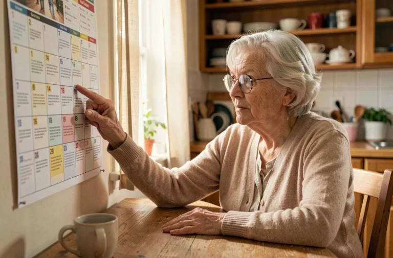 Femme âgée consultant un calendrier grand format avec repères visuels pour personnes atteintes d'Alzheimer