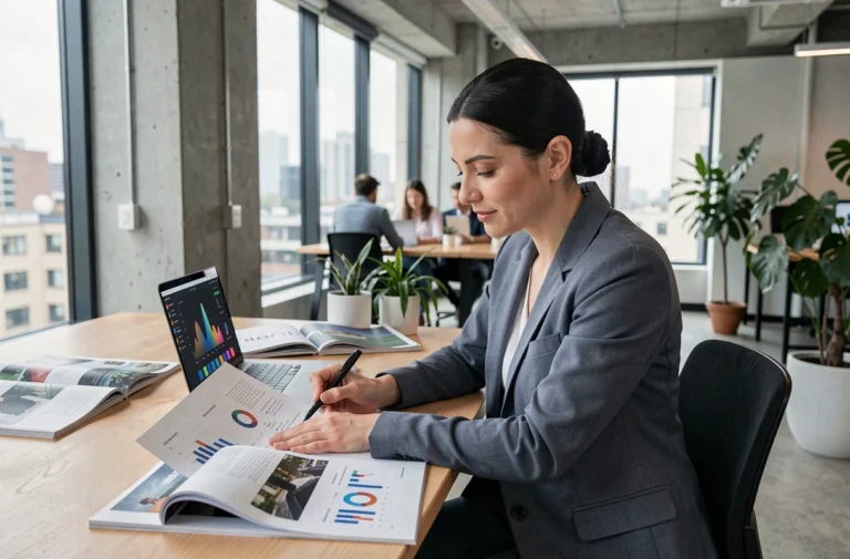 Femme analyste tech travaillant sur des données numériques et des tendances web dans un bureau moderne